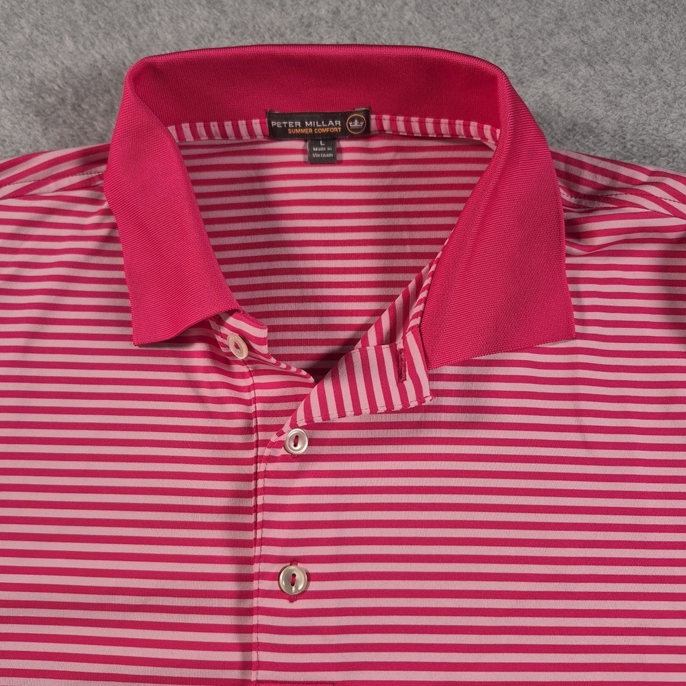 Peter Millar Summer Comfort Polo Shirt Mens Large Pink Stripe Golf Stretch Top